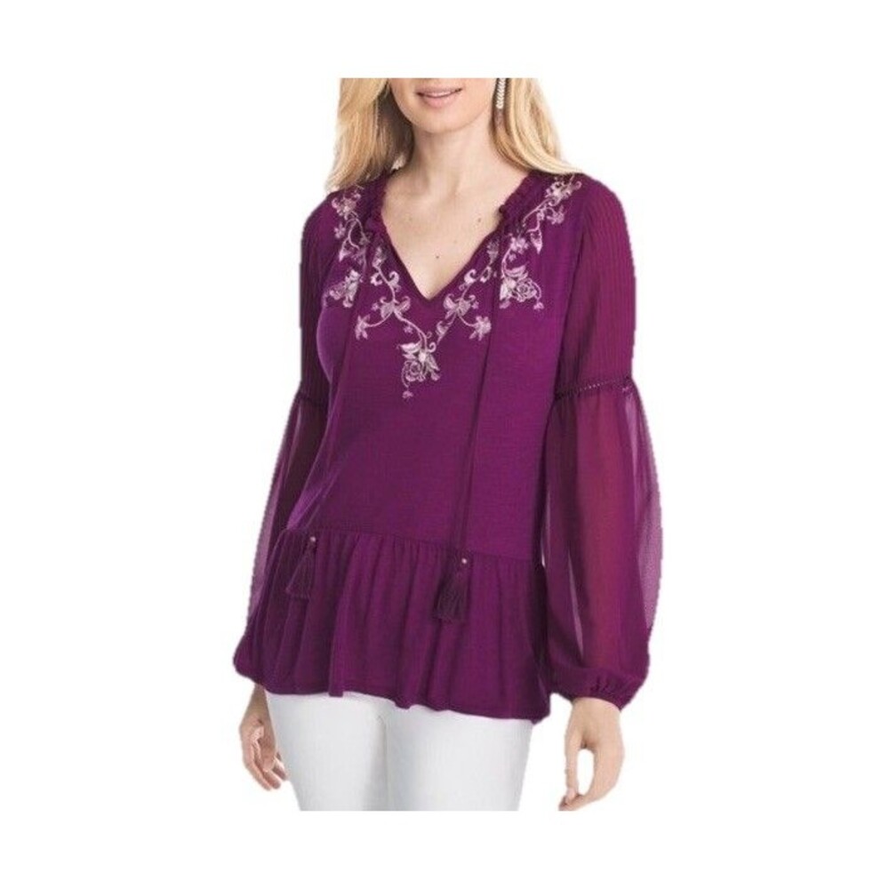 White House Black Market pleated sleeve embroidered top Whimsigoth Boho Size M